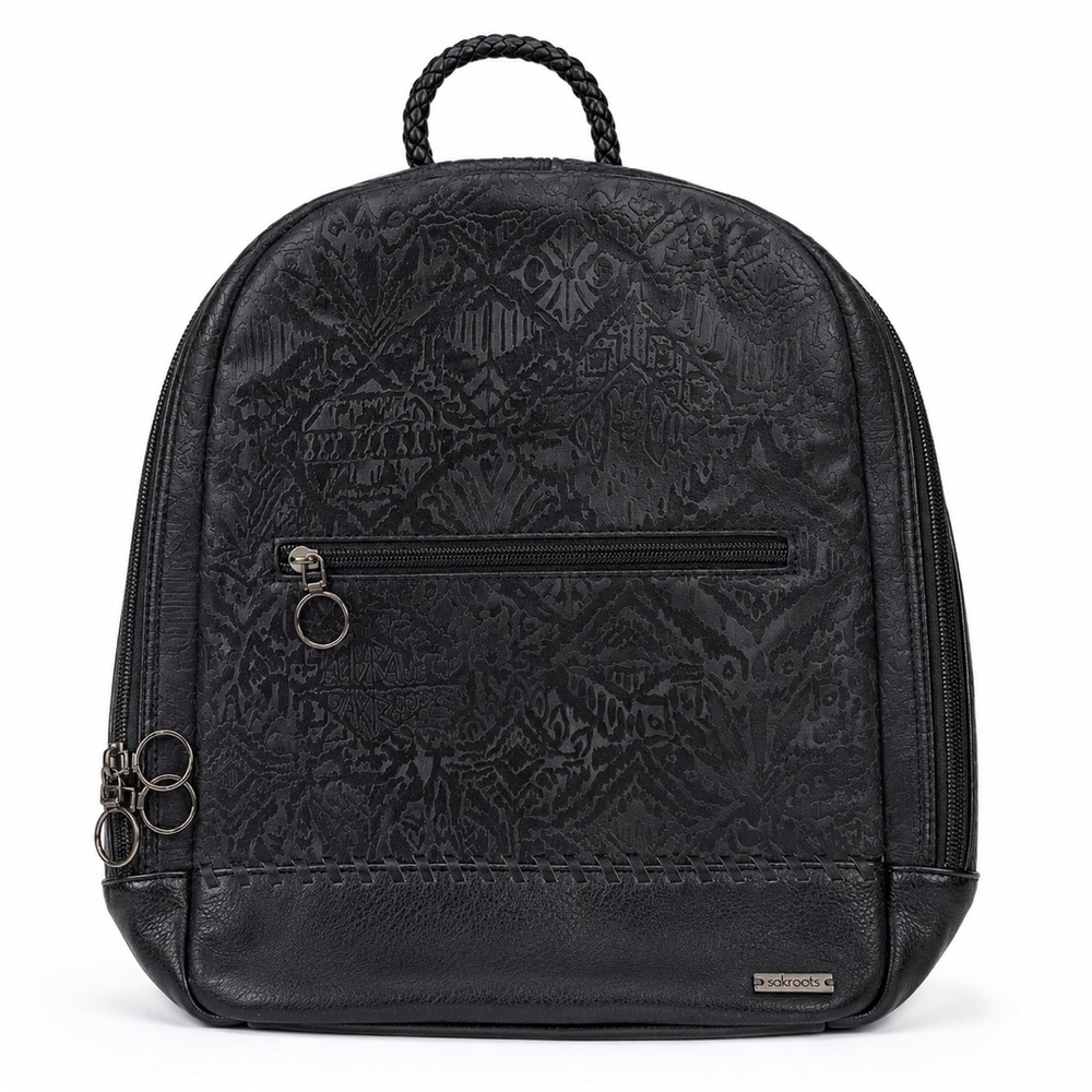 Sakroots Arcadia Black Textured/Embossed Braided-Handle Backpack Tote